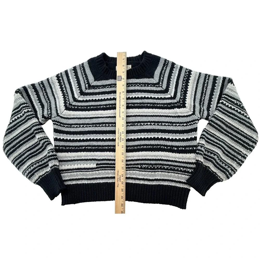 Lucky Brand Womens Striped Knit Sweater‎ Medium Black White Crewneck Textured